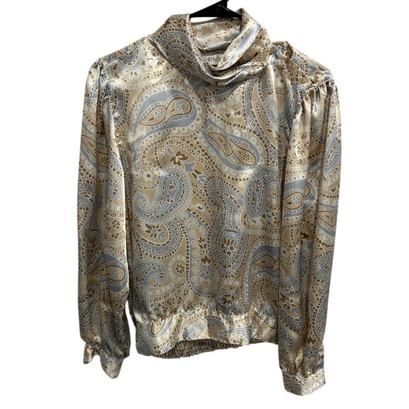 ShipN Shore Paisley Satin Blouse Sz M Long Sleeve Cowl Neck Beige Blue Print - Picture 1 of 8